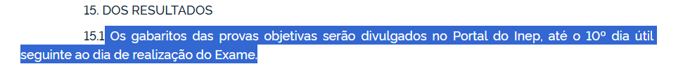 trecho do edital do Encceja 2025 contendo a informação da divulgação do gabarito da prova