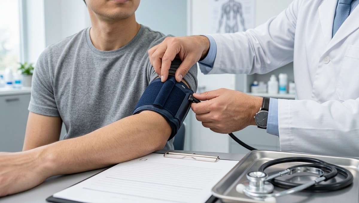 Avaliação clínica no exame demissional Profissional de saúde realizando aferição de pressão arterial em trabalhador durante avaliação médica ocupacional.