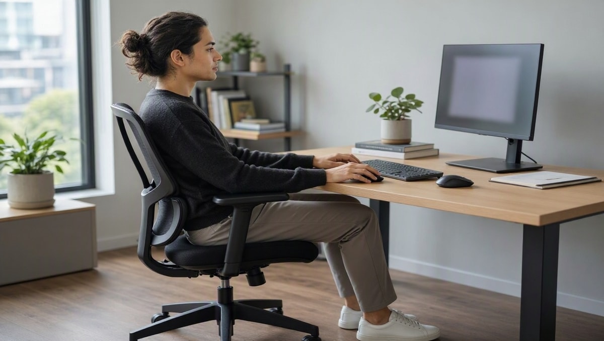Ajustes de mobiliário no posto de trabalho Alinhamento de braços, cadeira ajustável e superfície de trabalho em um posto ergonômico.