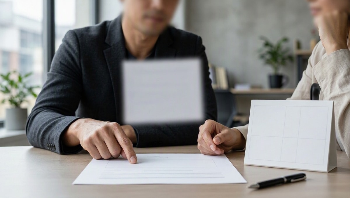 Duas pessoas revisam juntas uma proposta comercial com documentos em branco sobre a mesa.