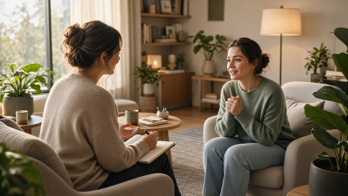 Apoio profissional e atendimento em saúde mental Consulta em ambiente de atendimento psicológico acolhedor com duas pessoas conversando.