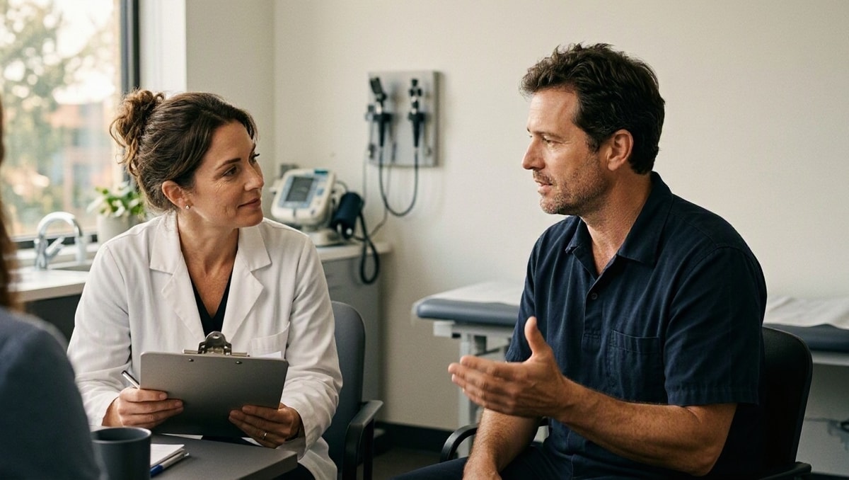 Etapa clínica do exame periódico ocupacional Profissional de saúde realizando entrevista de anamnese com trabalhador em consultório de medicina do trabalho.