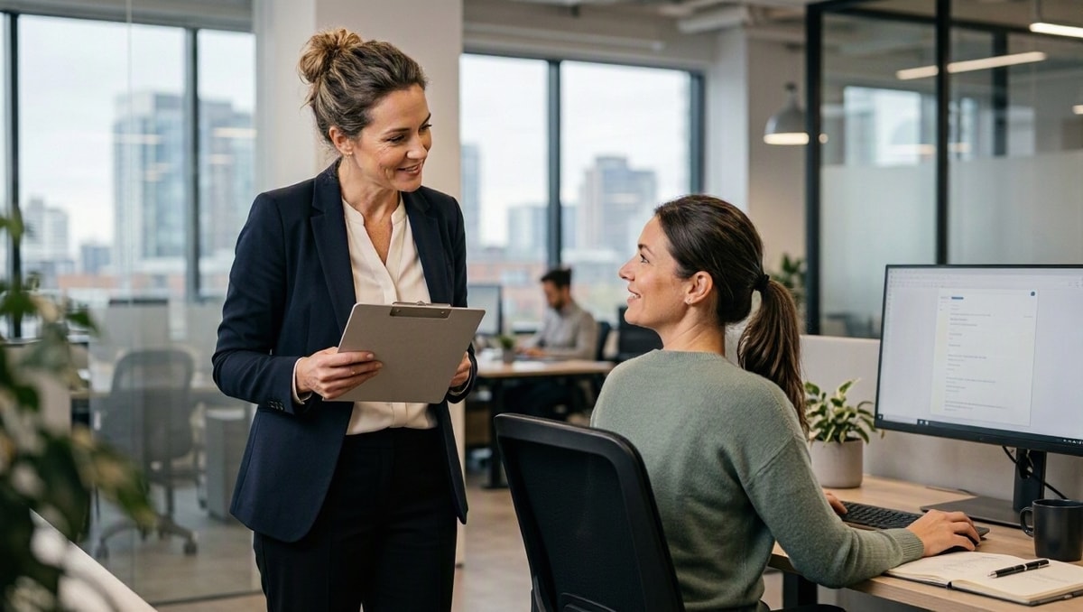 Avaliação ergonômica profissional no trabalho Profissional com prancheta conversa com uma trabalhadora sentada diante do computador em um escritório.