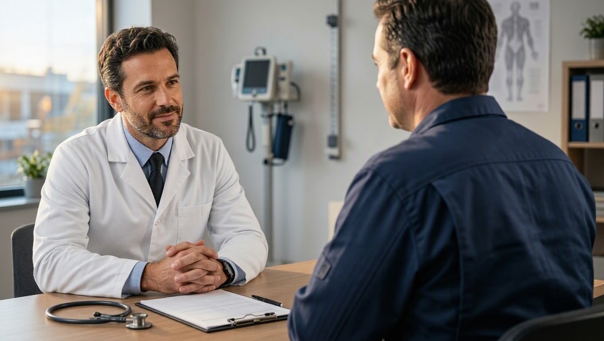 Médico do trabalho conversando com profissional em consultório durante avaliação de aptidão funcional.