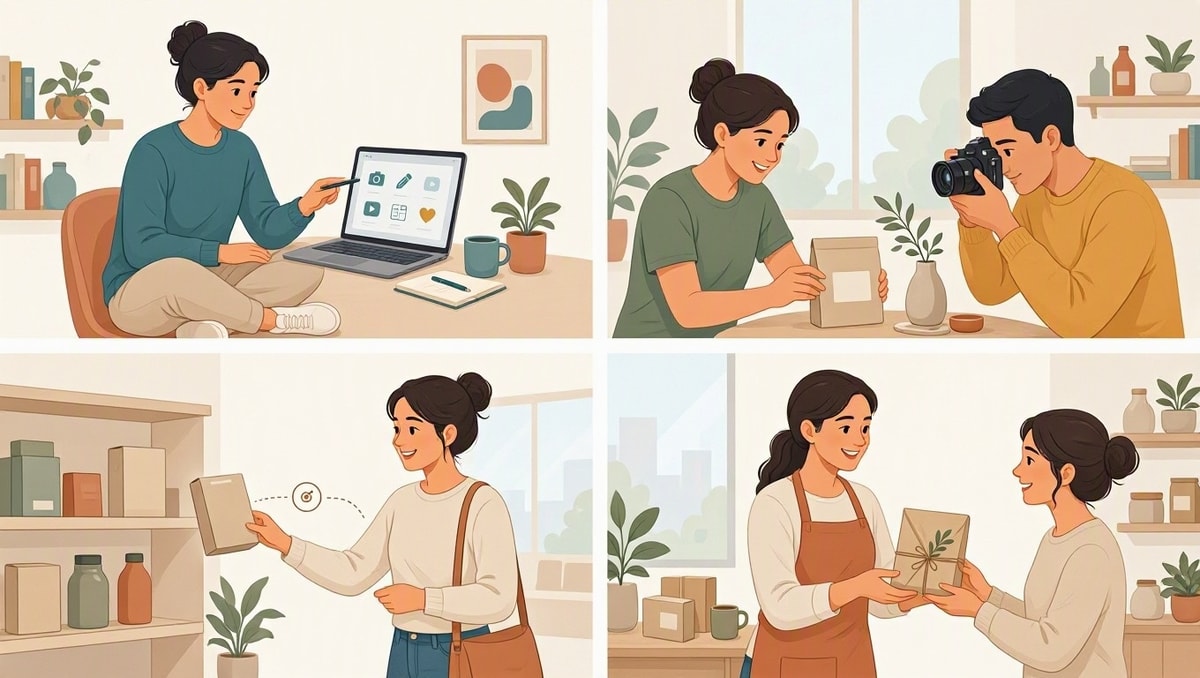 Quatro caminhos de receita Ilustração diferencia recursos da plataforma, publi, afiliação por venda e venda própria.