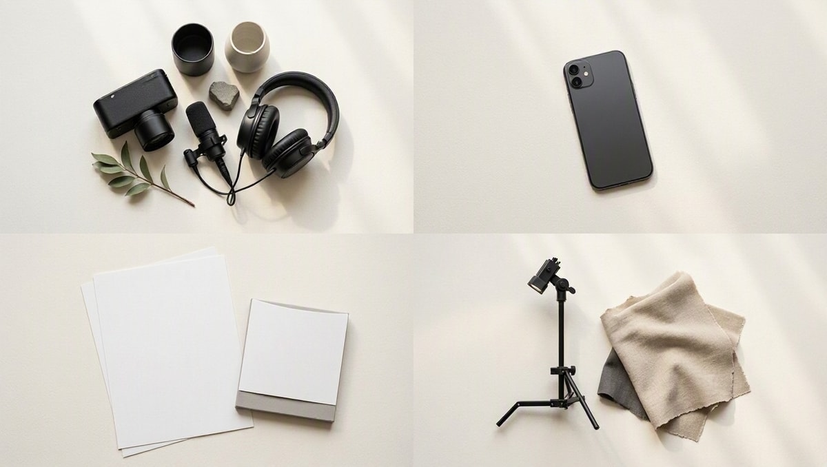 Equipamentos de produção, smartphone e documentos em branco representam itens diferentes de um orçamento.