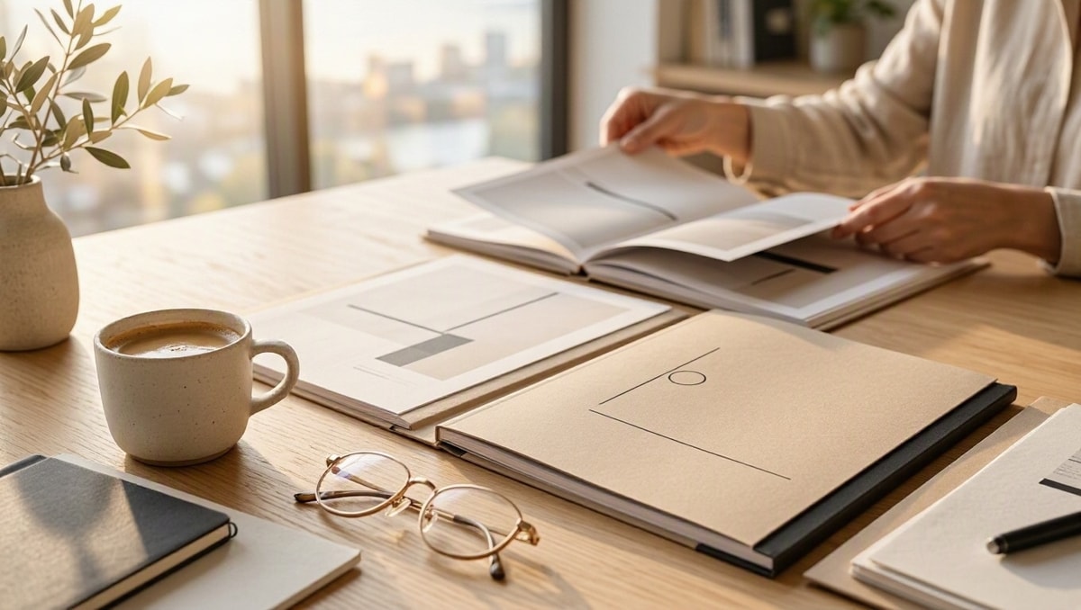 Conferência de normas de benefícios Mesa de trabalho com documentos corporativos sem texto legível e pastas para conferência de benefícios.