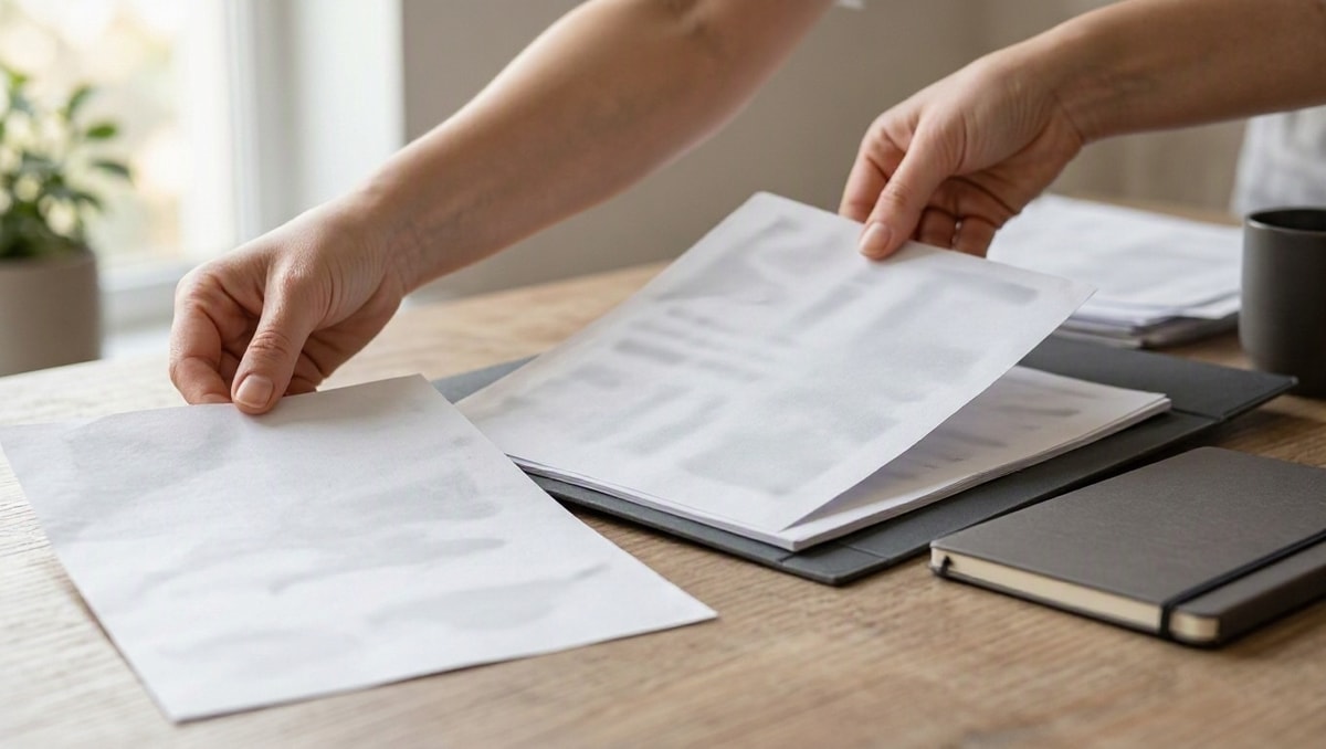 Conferir documentos Mãos organizam documentos para conferir quais informações a seleção exige.