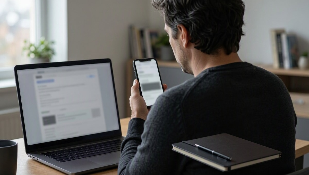 Verifique as condições da conta Pessoa consulta informações abstratas no celular e no notebook para verificar condições da conta