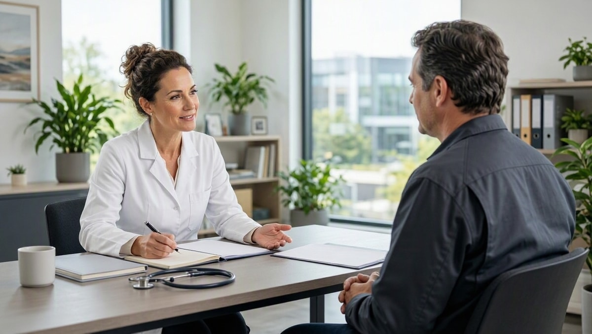 Avaliação médica de histórico profissional Médico e trabalhador conversando em consultório sobre histórico de saúde e sintomas relacionados à rotina profissional.