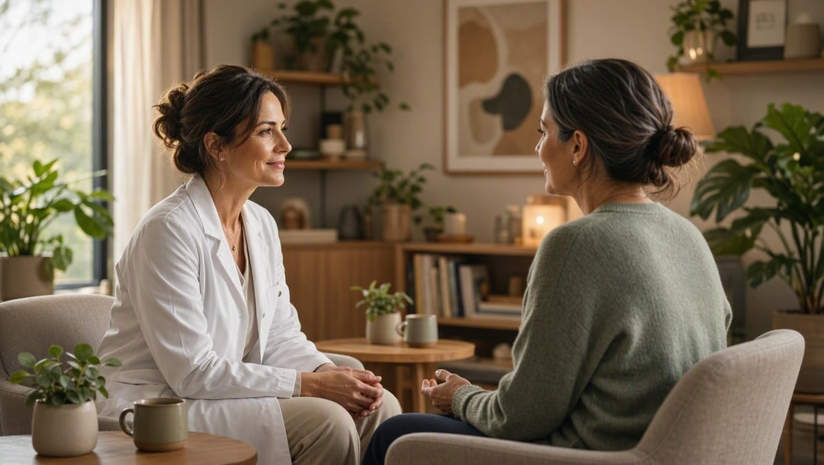 Médica e paciente em conversa tranquila durante consulta em consultório bem iluminado.