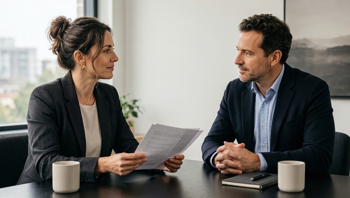 Profissional apresenta registros à liderança durante uma conversa sobre desenvolvimento.