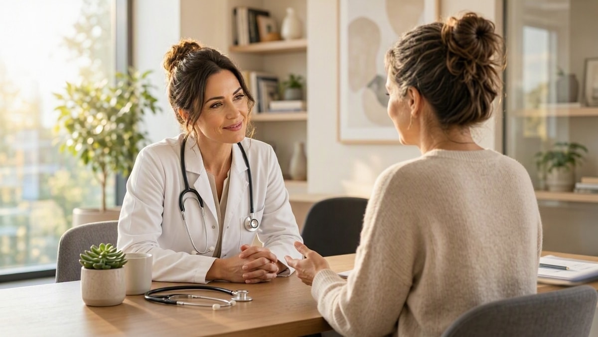 Médico em consultório realizando atendimento preventivo em diálogo tranquilo com paciente.