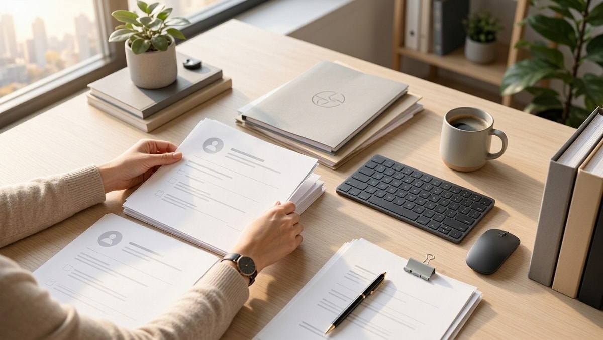Pessoa revisa documentos impressos em mesa de escritório com notebook, teclado e pastas.