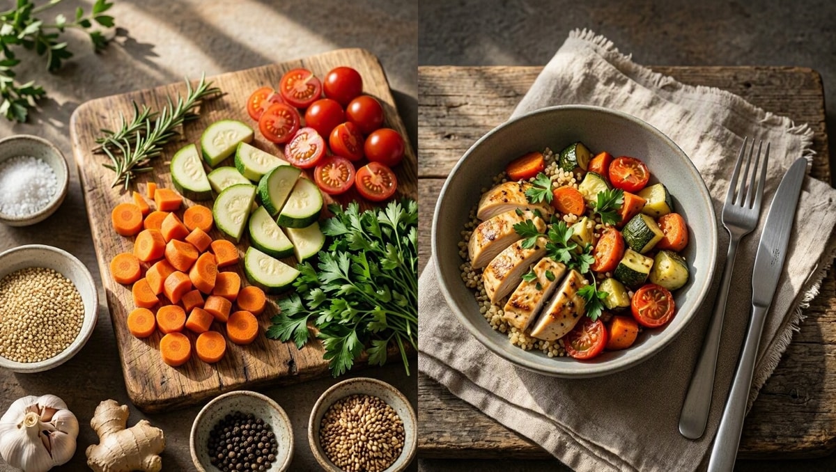 Diferença entre alimentação e refeição Composição comparativa entre ingredientes frescos para preparo culinário e prato com refeição pronta.
