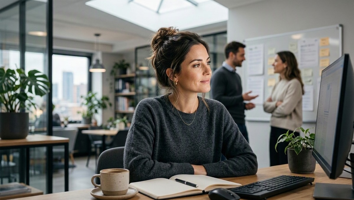 Dimensões física, cognitiva e organizacional no trabalho Mulher sentada à mesa com caderno, teclado e monitor, enquanto colegas conversam diante de um quadro com notas adesivas ao fundo.