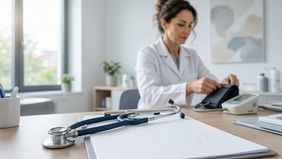 Mesa de avaliação clínica ocupacional com estetoscópio e prancheta em clínica médica do trabalho.