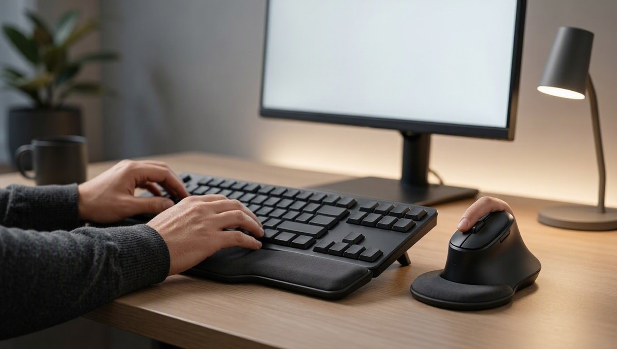 Mãos em repouso ergonômico sobre teclado e mesa de trabalho em ambiente administrativo moderno.