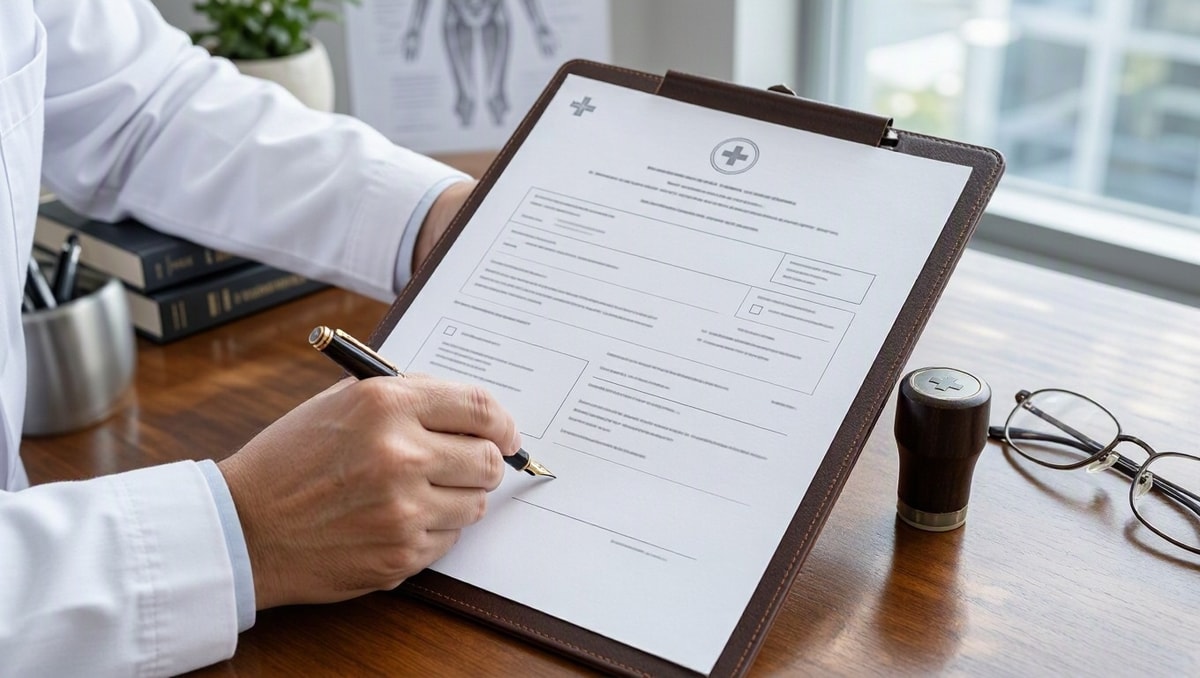 Emissão do Atestado de Saúde Ocupacional (ASO) Médico preenche formulário sobre uma prancheta, ilustrando a emissão do Atestado de Saúde Ocupacional (ASO).