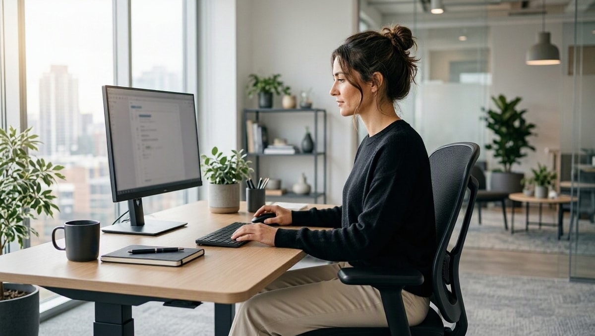 Mulher trabalhando em posto com mesa regulável, cadeira ergonômica e monitor elevado, em escritório com luz natural.