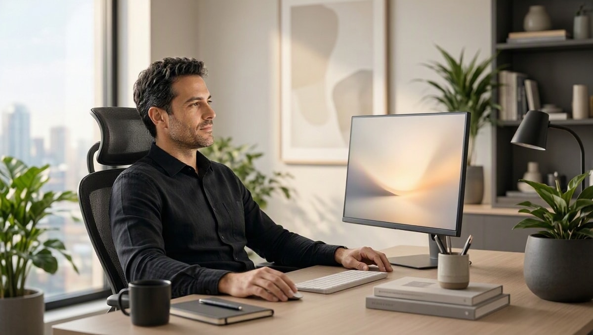 Profissional sentado em postura confortável diante de mesa organizada com cadeira ergonômica em escritório iluminado.