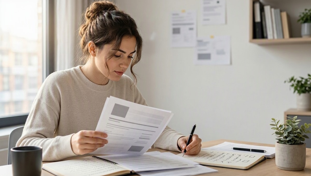 Pessoa revisa folhas de currículo e anotações sobre atividades de estágio.