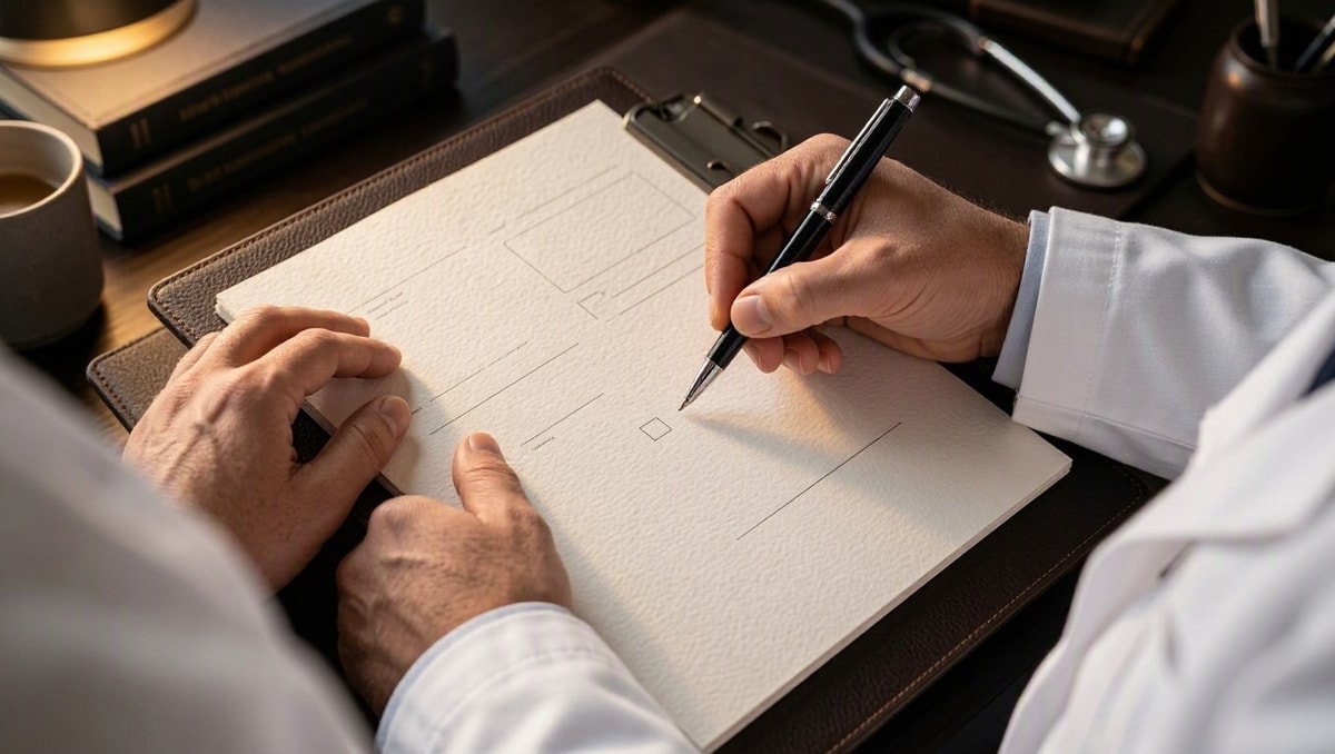 Registro e conferência de informações médicas em consultório Mãos de médico segurando caneta sobre formulário clínico em prancheta durante atendimento em consultório.