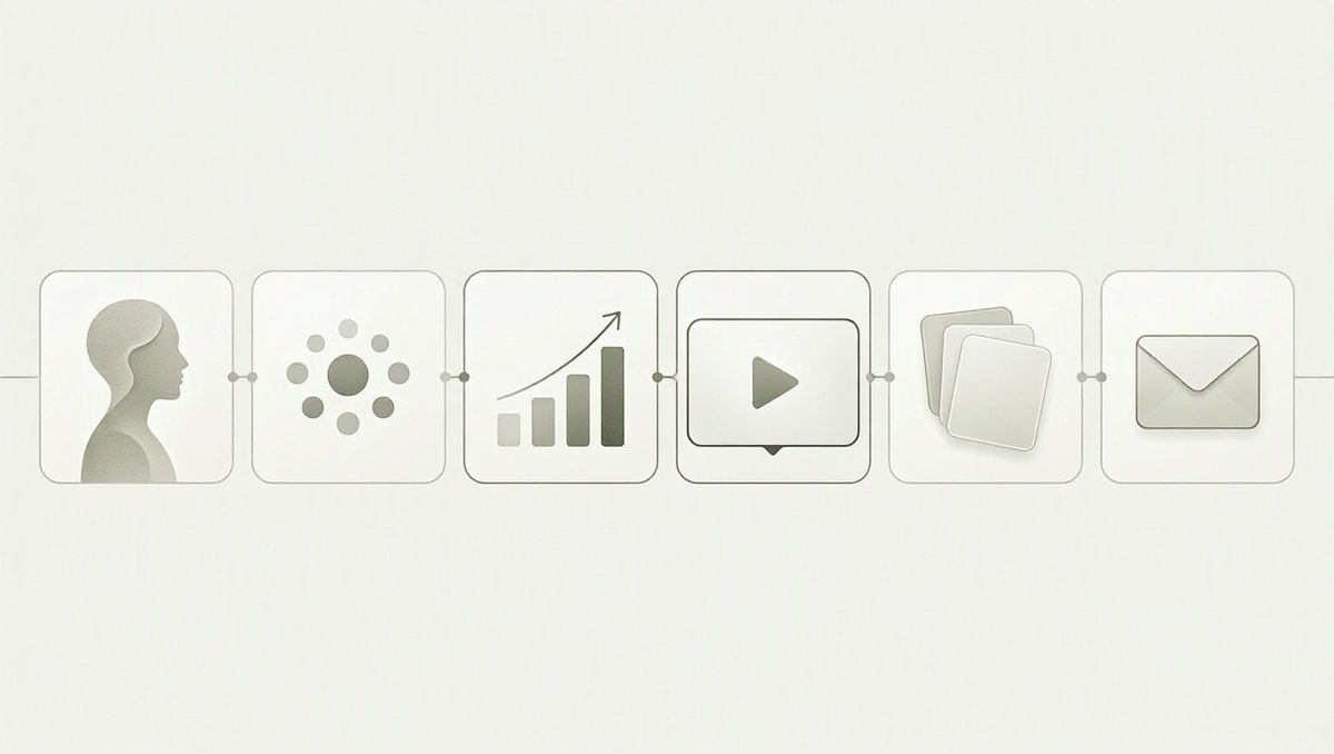 Seis partes do documento Diagrama visual dos seis blocos de um mídia kit, da apresentação ao contato.