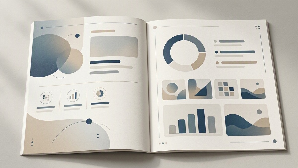 Exemplo ilustrativo Mockup ilustrativo de duas páginas de um mídia kit fictício, com seções organizadas e dados não legíveis.