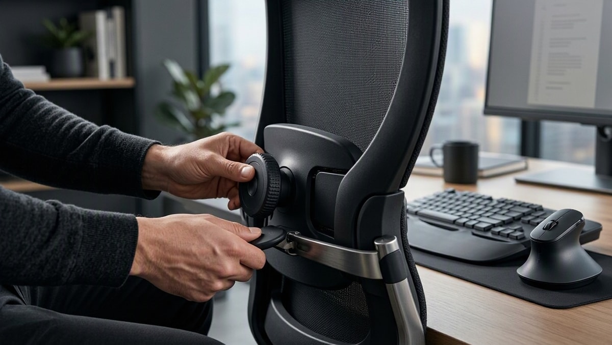 Ajuste de recursos e mobiliário ergonômico Ajuste manual da regulagem de encosto lombar de cadeira de escritório em posto com teclado e mouse ergonômicos.