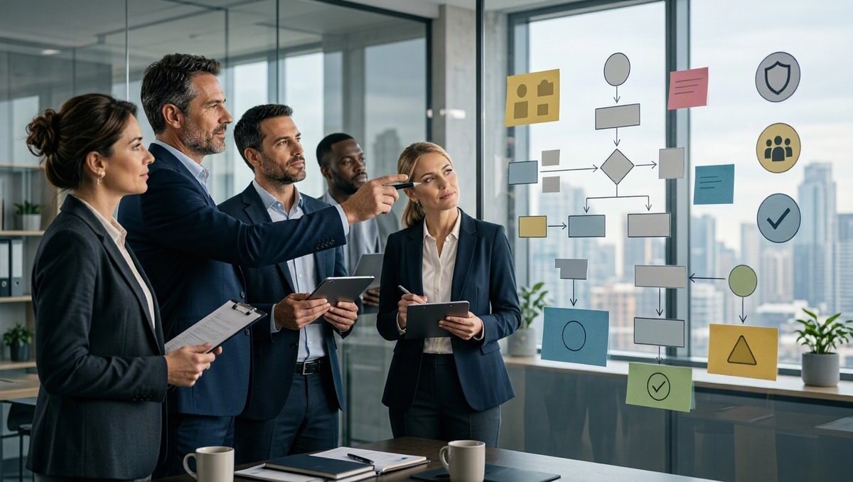 Gestão de riscos ocupacionais na empresa Equipe de gestão reunida em sala corporativa analisando painel de planejamento ocupacional.