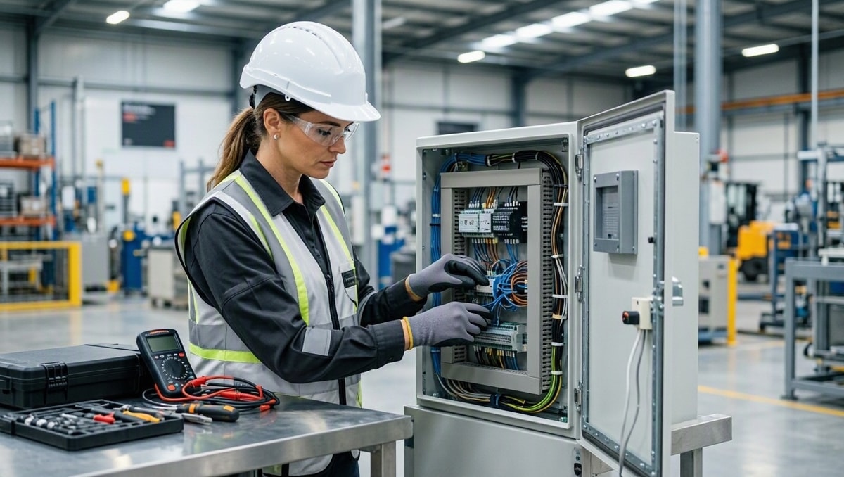 Técnica inspecionando equipamentos e conexões elétricas para identificação preventiva de riscos no ambiente de trabalho.