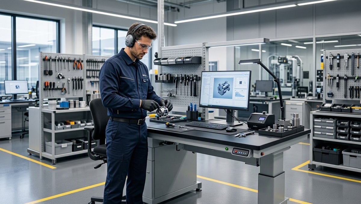 Trabalhador em posto de trabalho ajustado ergonomicamente com proteção auditiva e visual em espaço técnico limpo.