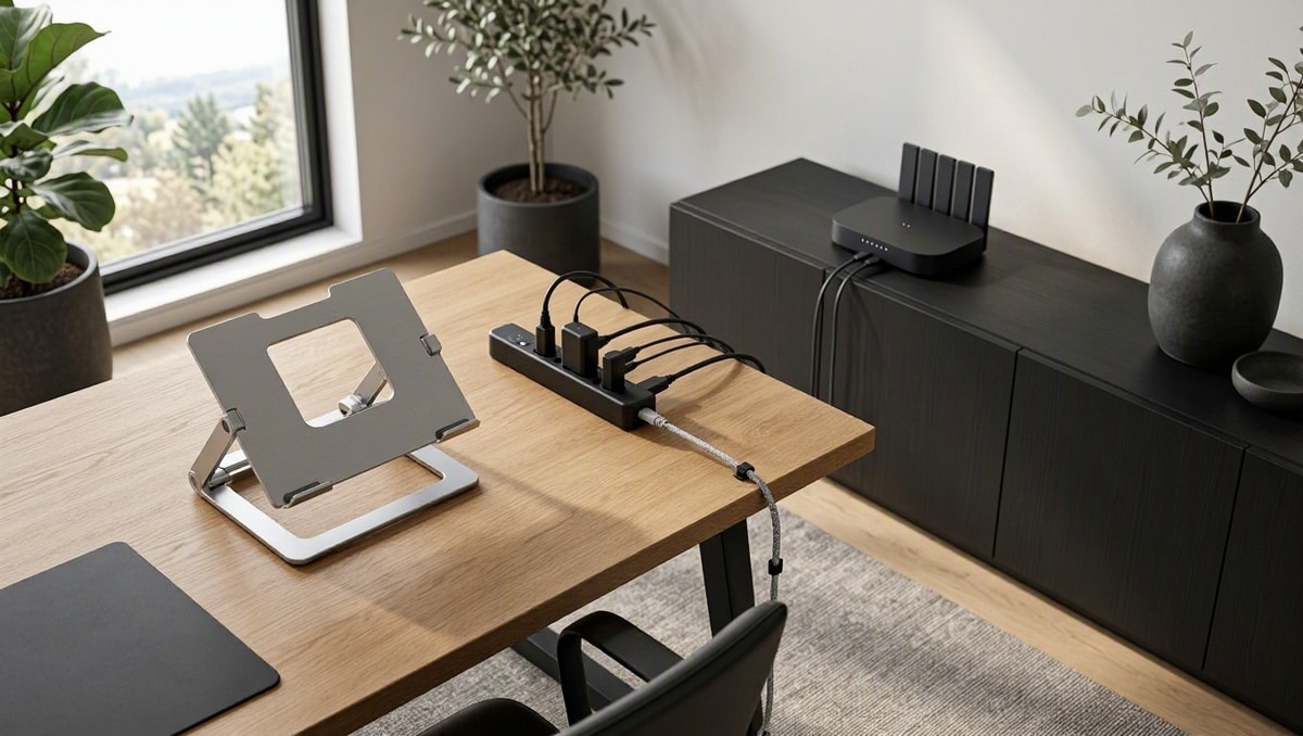 Equipamentos de conectividade e mesa de trabalho com suporte de notebook e roteador de internet.