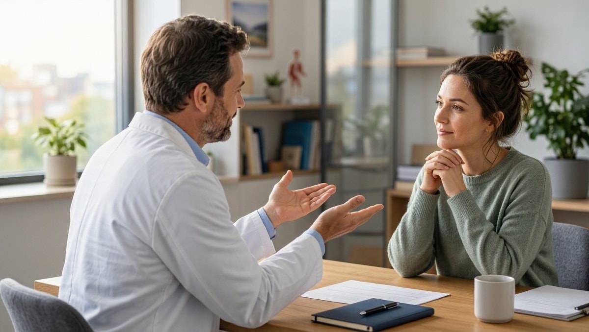 Médico explica um resultado a uma trabalhadora durante conversa em consultório.