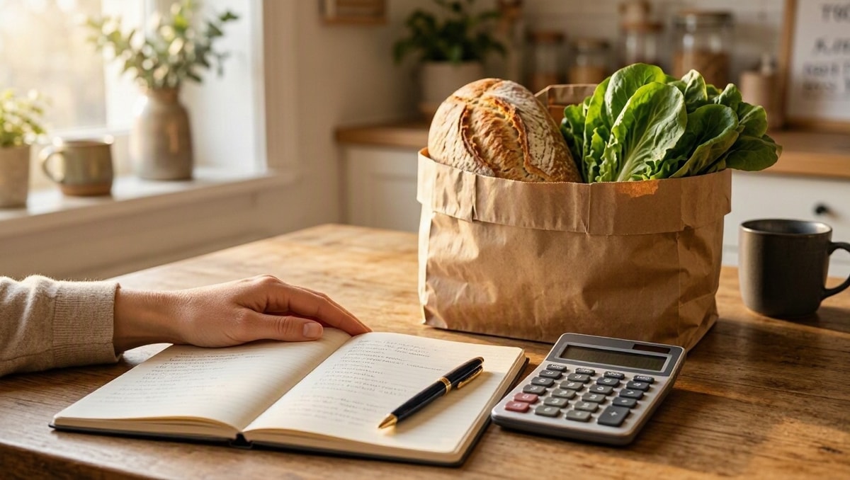 Organização do orçamento alimentar Caderno de anotações, calculadora e sacola com alimentos sobre mesa de cozinha durante planejamento financeiro.