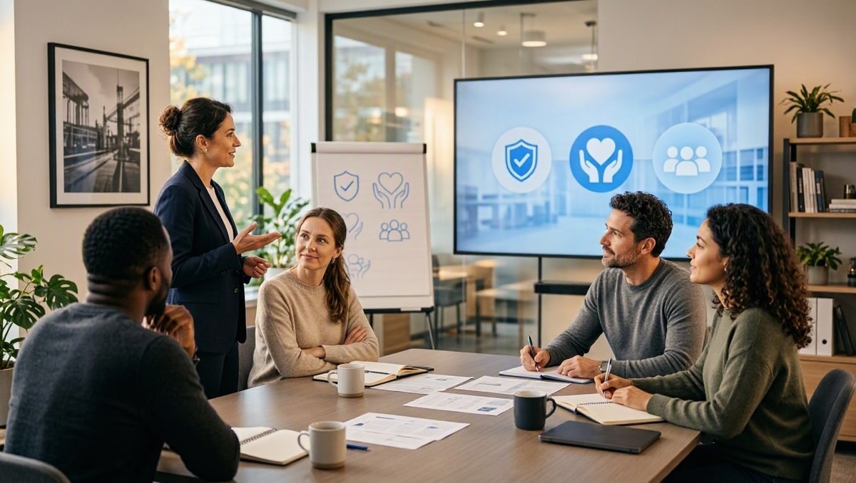Prevenção da saúde do trabalhador Grupo de trabalhadores participando de orientação sobre cuidados de saúde preventiva e segurança no trabalho.