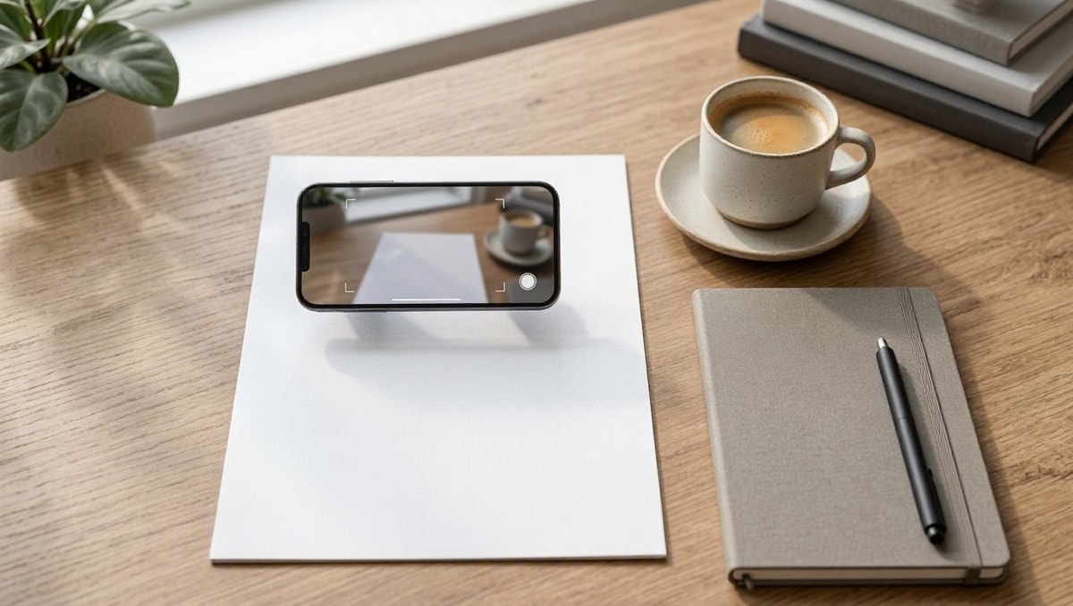 Smartphone posicionado sobre uma mesa para registrar foto de um documento antes do envio ao RH.