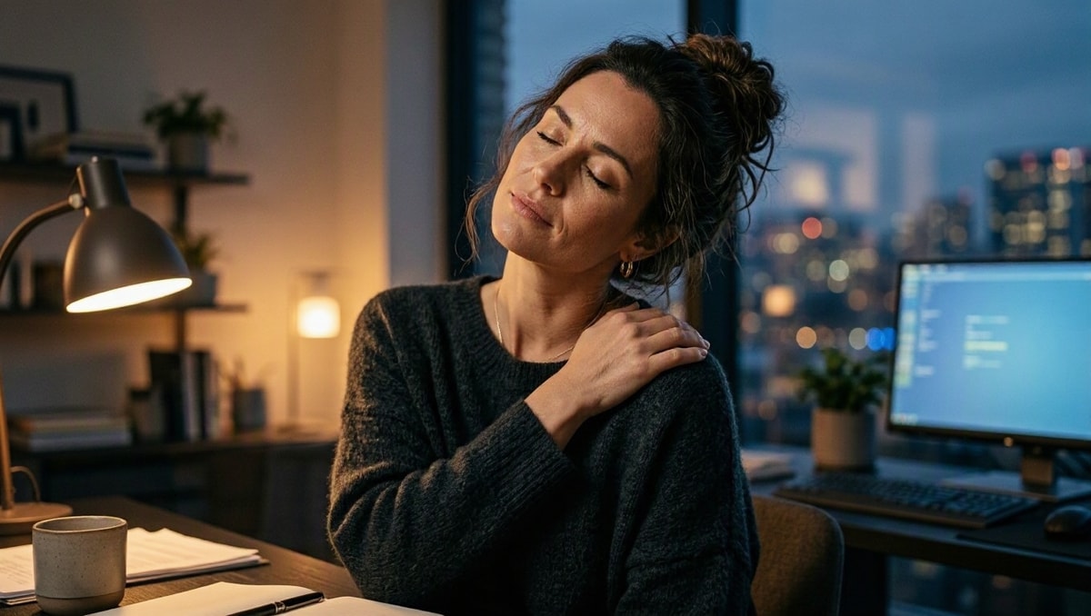 Tensão postural no trabalho contínuo Mulher à mesa de trabalho, à noite, com a mão no ombro e a cabeça inclinada, em sinal de desconforto.