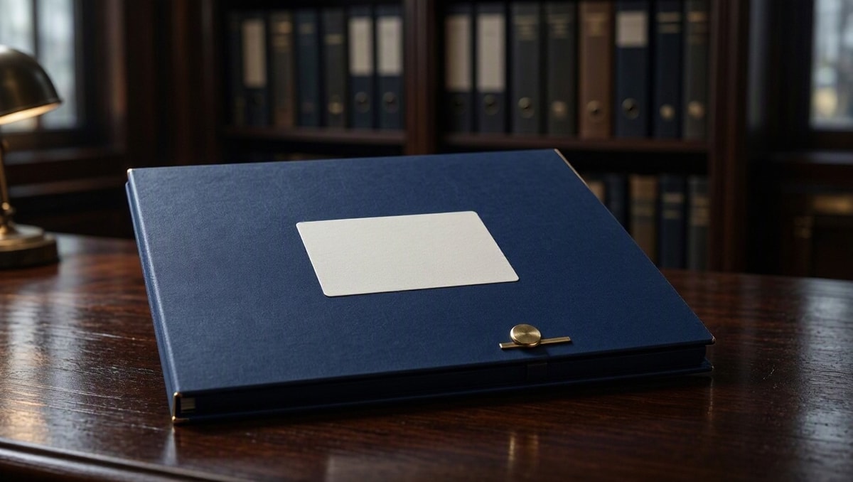 Guarda reservada e sigilo de documentos médicos Pasta azul fechada sobre mesa de madeira, com estante de arquivos ao fundo.
