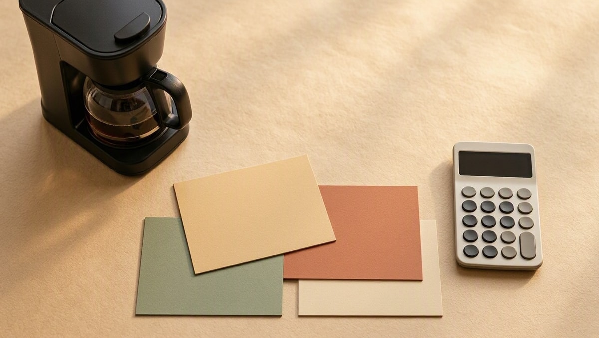 Cafeteira, calculadora e folha abstrata ilustram a composição de um orçamento fictício.