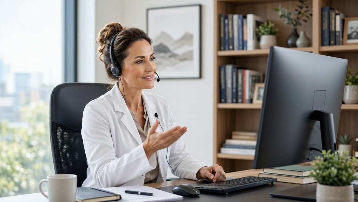 Consulta médica remota por telemedicina Médica realizando consulta por telemedicina com fone de ouvido e monitor em consultório claro.