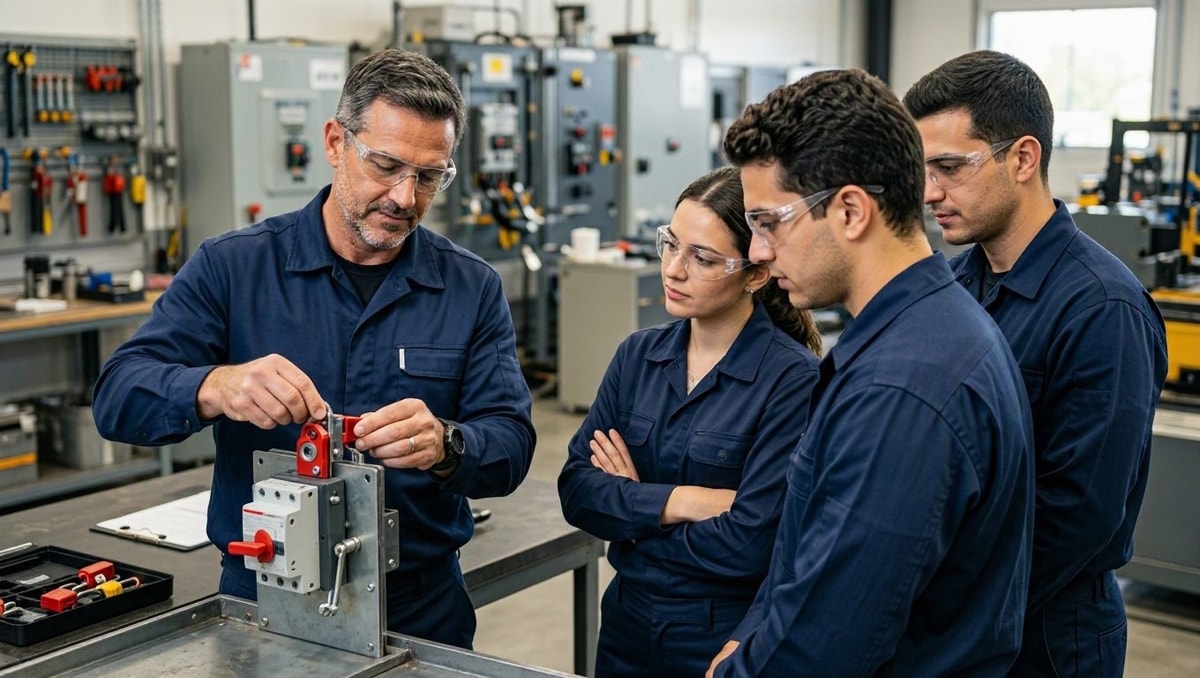 Supervisor demonstrando procedimento seguro com dispositivo operacional durante orientação prática com trabalhadores.
